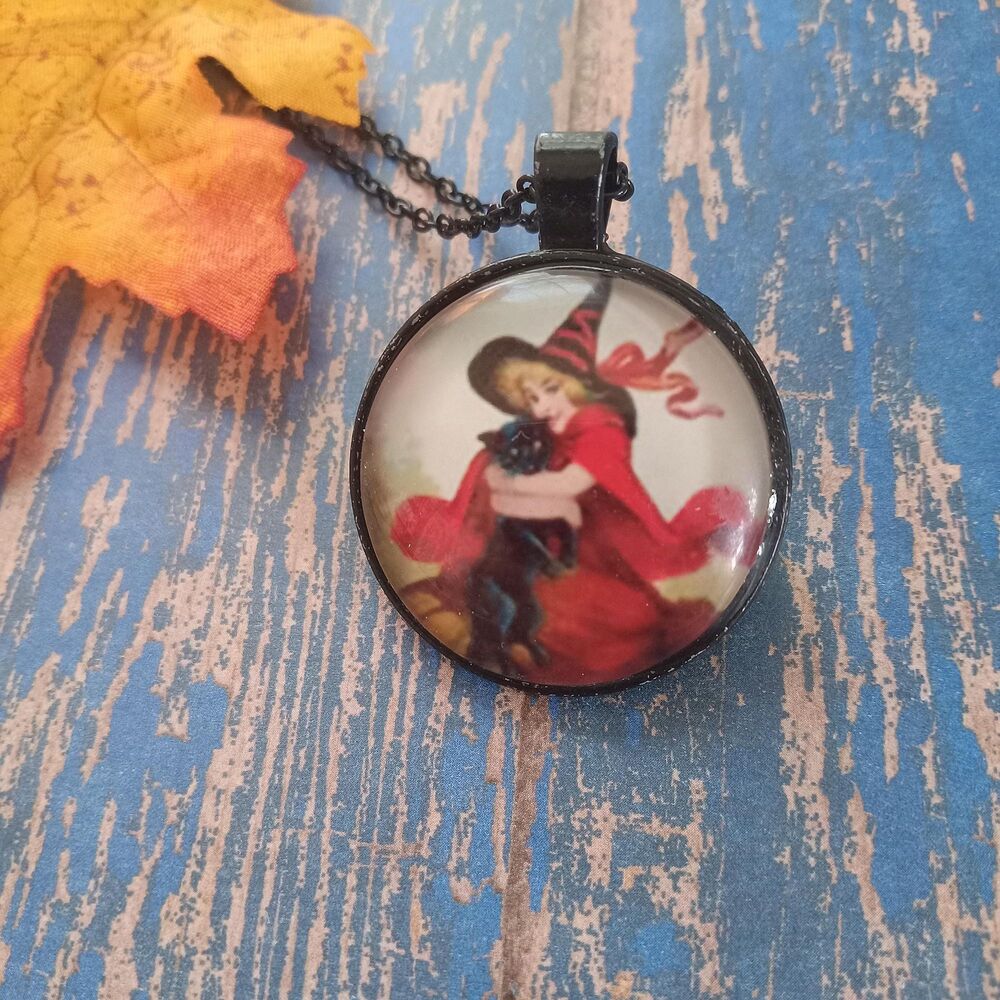 Halloween Pendant Necklace, Vintage Image of Little Witch with Black Cat, Art Un